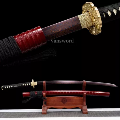 Damascus Steel Japanese Samurai Katana Sword With Blue Blade Copper Tsuba NEW.