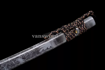 Handmade Folded Steel Katana Japanese Samurai Sharp Real Sword Hammering Pattern