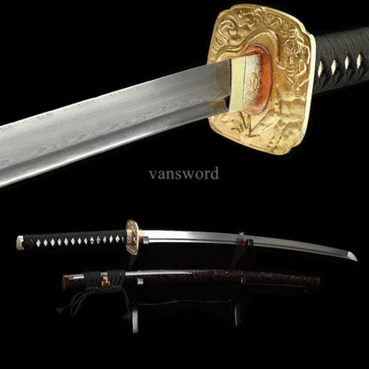 Hand Forged Damascus Steel Japanese Katana Samurai Real Sword With Copper Tsuba.