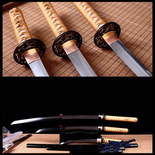 Handmade Clay Tempered T10 Steel Japanese Samurai Sword Set Katana Real Sharp.