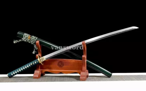 T10 Steel Clay Tempered Hardened Japanese Katana Smaurai Sword Green Saya.