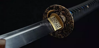 Folded Steel Handmade Japanese Samurai Katana Sword With Copper Tsuba Blue Saya.