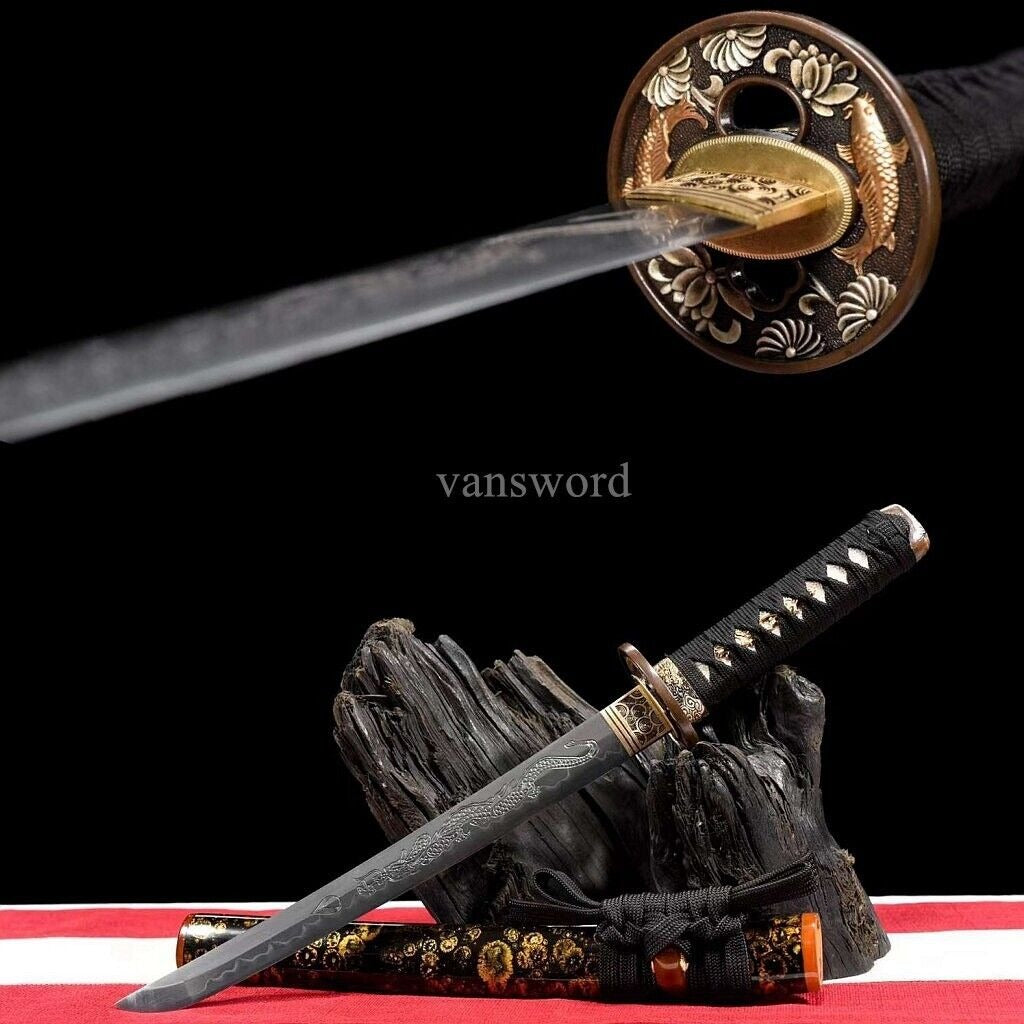 Japanese Tanto T10 Steel Clay Tempered Sword OX Horn With Hand-painted Scabbard.