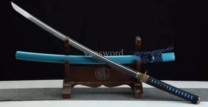 Folded Steel Handmade Japanese Samurai Katana Sword With Copper Tsuba Blue Saya.