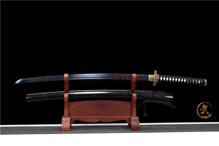 T10 Steel Clay Tempered Katana Japanese Samurai Sword Blue Blade Dragon Tusba