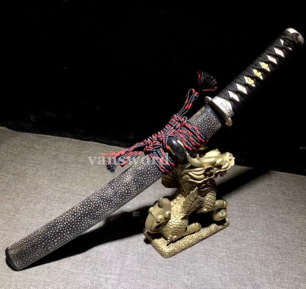 Clay Tempered Folded Steel Japanese Tanto Samurai Sword Golden Treated Tusba