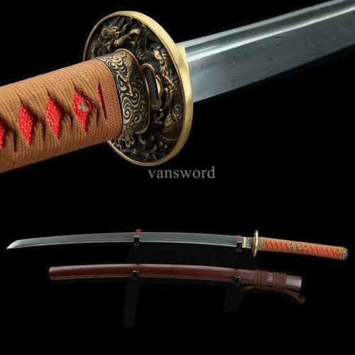 Handmade Damascus Steel Japanese Katana Samurai Sword With Dark Red Scabbard.