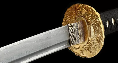 Japanese Samurai Katana Damascus Folded Steel Sword Handmade With Copper Tsuba.