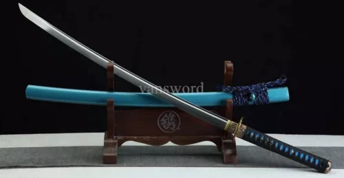 Handmade Folded Steel Japanese Samurai Katana Sword With Copper Tsuba Blue Saya.