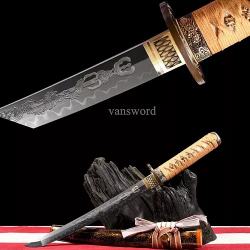 Handmade T10 Steel Clay Tempered Japanese Tanto Sword OX Horn With Copper Tsuba.