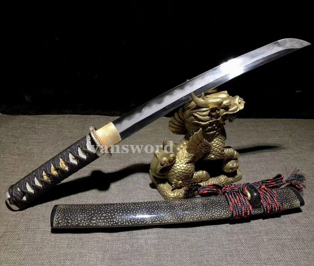 Clay Tempered Folded Steel Japanese Tanto Samurai Sword Golden Treated Tusba