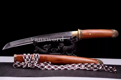 Japanese Tanto Samurai Sword Clay Tempered Folded Steel Rosewood Saya Sharp