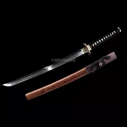 Wakizashi Japanese Samurai Sword T10 Carbon Steel Clay Tempered With Brown Saya.