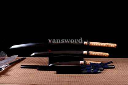 Handmade Clay Tempered T10 Steel Japanese Samurai Sword Set Katana Real Sharp.