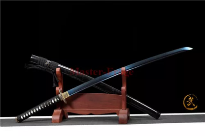 T10 Steel Clay Tempered Katana Japanese Samurai Sword Blue Blade Dragon Tusba