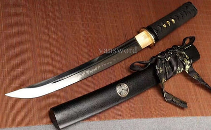 T10 Steel Clay Tempered Japanese Tanto Sword With Black Scabbard Copper Tsuba.