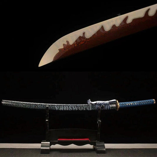 Handmade Japanese Sword Katana Red Damascus Folded Steel Abrasive Hamon Sharp.