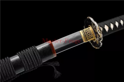 Japanese Katana Samurai Sword Folded Steel Clay Tempered Battle Ready Black Saya