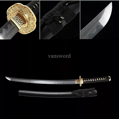 Japanese Samurai Sword Wakizashi Hand Forged Folded Steel Hamon Full Tang Sharp.