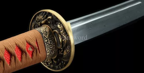 Damascus Steel Handmade Japanese Katana Samurai Sword With Dark Red Scabbard.