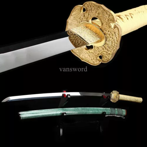 1095 High Carbon Steel Japanese Katana Samurai Sword Green Pearl Rayskin Scabbar