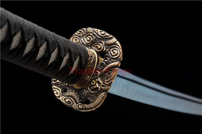 T10 Steel Clay Tempered Katana Japanese Samurai Sword Blue Blade Dragon Tusba