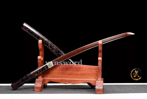 Hand Forged Folded Steel Shirasaya Real Japanese Samurai Red Sword Wakizashi.