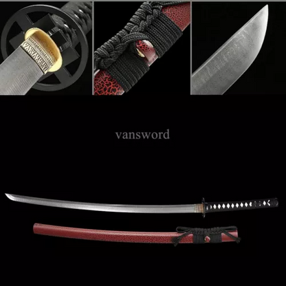 Japanese Katana Damascus Folded Steel Samurai Sword Full Tang Battle Ready Sharp