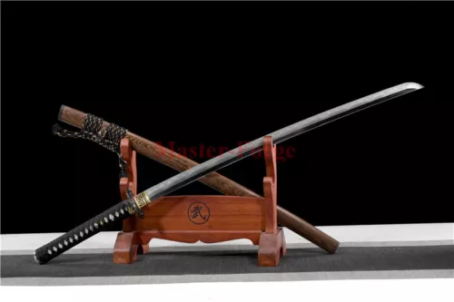 Japanese Katana Folded Steel Clay Tempered Samurai Sword Rosewood Saya Sharp.