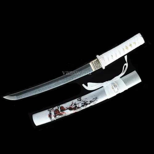 Tanto Japanese Samurai Sword T10 Carbon Steel Real Hamon With White Scabbard.