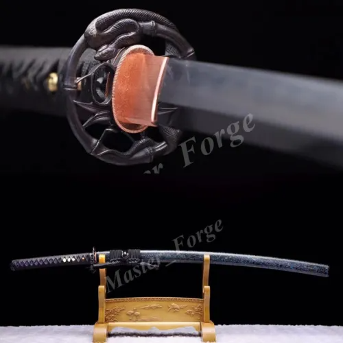 Folded Steel Clay Tempered Feather Hamon Japanese Samurai Katana Snake Tsuba