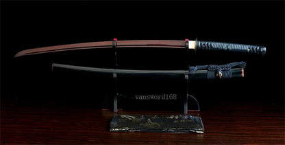 Damascus Folded Steel Japanese Katana Samurai Sword Red Blade Buffalo Horn Saya