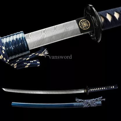 Japanese Samurai Katana Handmade Folded Steel Sword Full Tang With Blue Scabbard