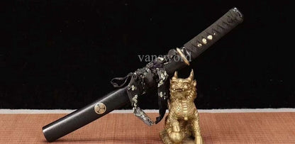 T10 Steel Clay Tempered Japanese Tanto Sword With Black Scabbard Copper Tsuba.