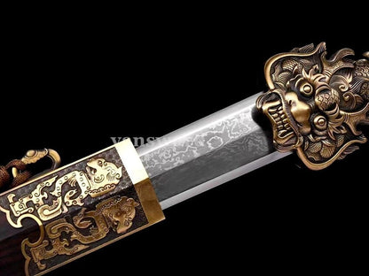 Folded Steel Chinese Jian Full Tang Sword Dragon Carving Sharp Blade