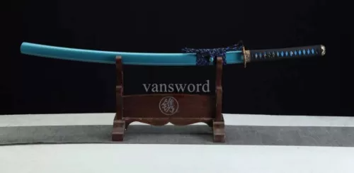 Folded Steel Handmade Japanese Samurai Katana Sword With Copper Tsuba Blue Saya.