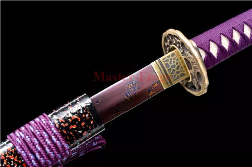 Damascus Folded Steel Japanese Katana Samurai Sword Battle Full Tang Purple