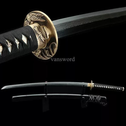 Handmade Folded Steel Real Japanese Samurai Katana Sword With Black Scabbard.