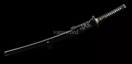 Handmade Folded Steel Real Japanese Samurai Katana Sword With Black Scabbard.