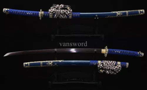 Japanese Tachi Hand Forge Folded Steel Samurai Sword Sharp With Blue Scabbard.