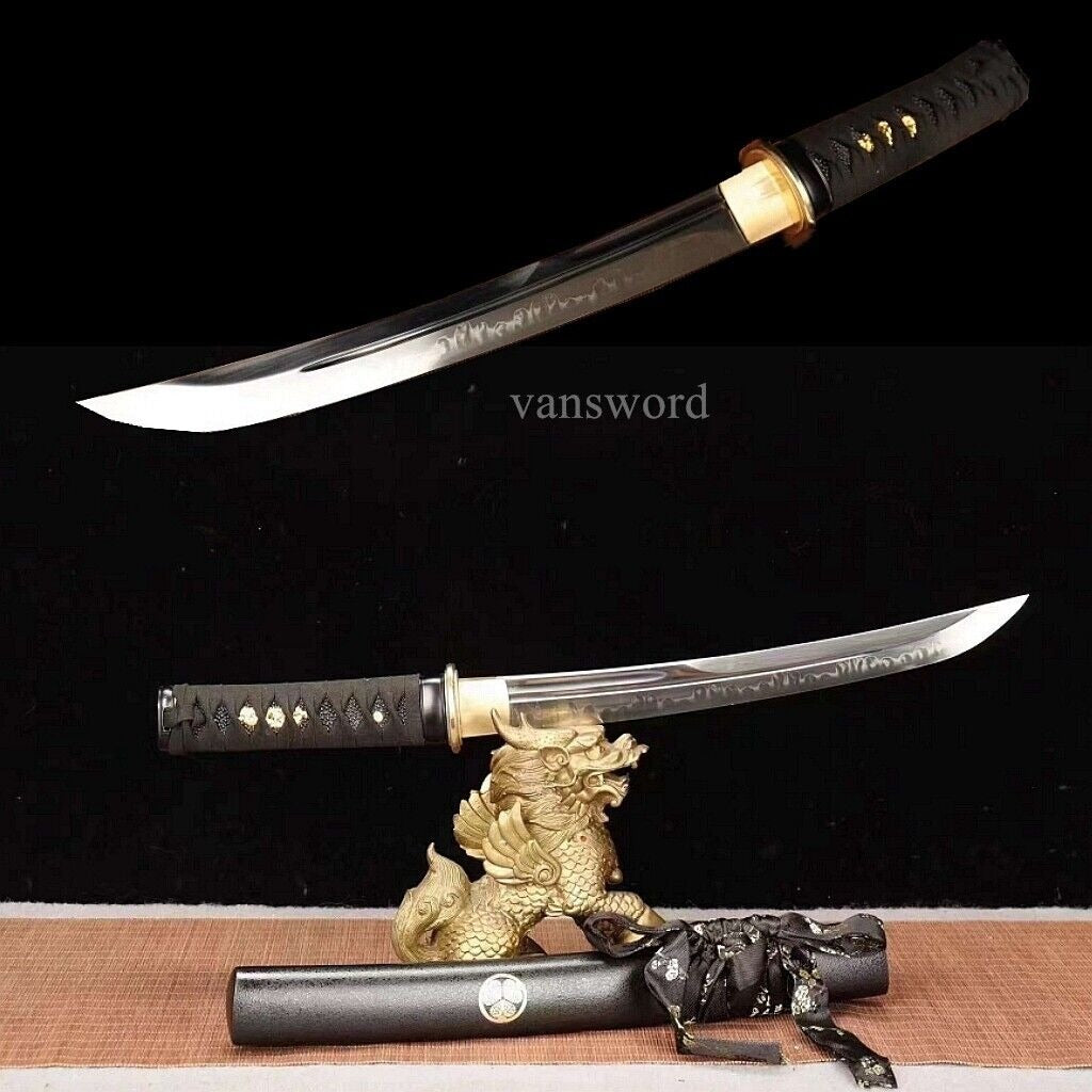 T10 Steel Clay Tempered Japanese Tanto Sword With Black Scabbard Copper Tsuba.