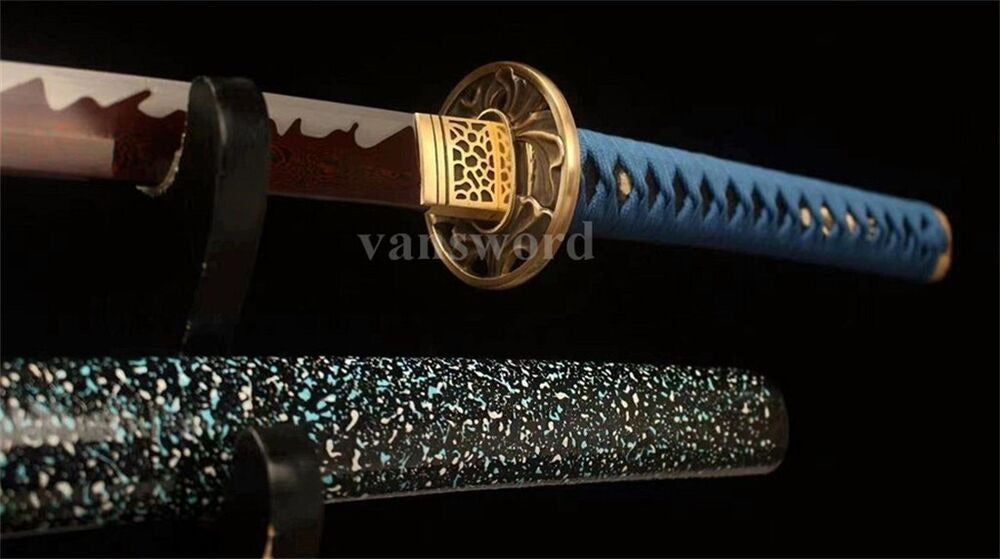 Handmade Katana Red Damascus Folded Steel Abrasive Hamon Japanese Sword Sharp