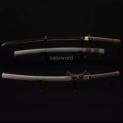 Damascus Folded Steel Handmade Japanese Katana Samurai Sword With Red Blade.