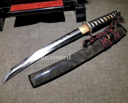 Clay Tempered Folded Steel Japanese Tanto Samurai Sword Golden Treated Tusba