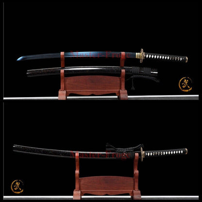 T10 Steel Clay Tempered Katana Japanese Samurai Sword Blue Blade Dragon Tusba