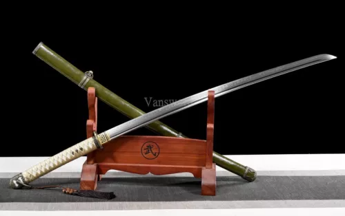 T10 Steel Clay Tempered 98 Saber Japanese Katana Samurai Sword Green Saya