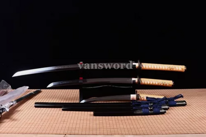 Handmade Clay Tempered T10 Steel Japanese Samurai Sword Set Katana Real Sharp.