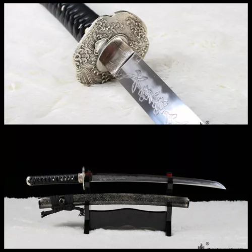 Folded Steel Clay Temper Japanese Wakizashi Samurai Abrasive Sword Rayskin Saya