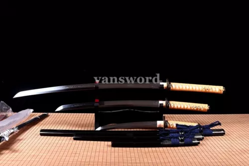 Handmade Clay Tempered T10 Steel Japanese Samurai Sword Set Katana Real Sharp.