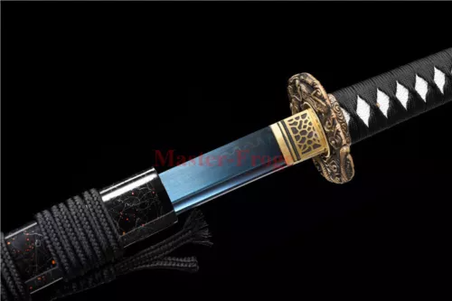 T10 Steel Clay Tempered Katana Japanese Samurai Sword Blue Blade Dragon Tusba